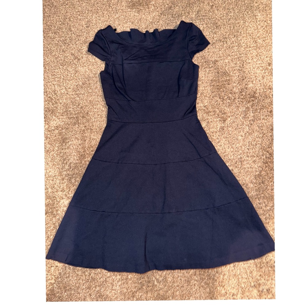Banana Republic Navy Blue Ruffle Neck Cap Sleeve Fit and Flare Dress Size 2-736